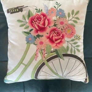 Embroidered Floral Bicycle Accent Pillow 16x16
